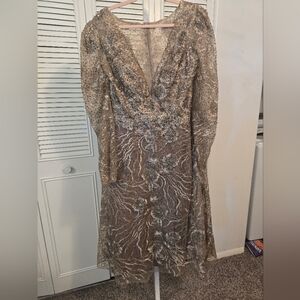 Mac Duggal Tan and Gold Embellished Sequin Plunge A-line Dress size 16
